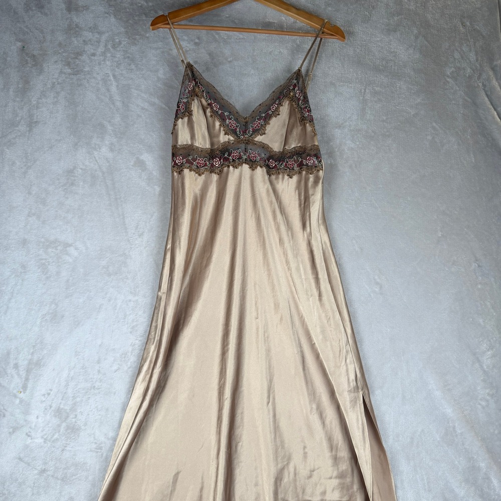 Vintage Champagne Satin Maxi Slip Dress Floral Lace Trim Side Slit Gold